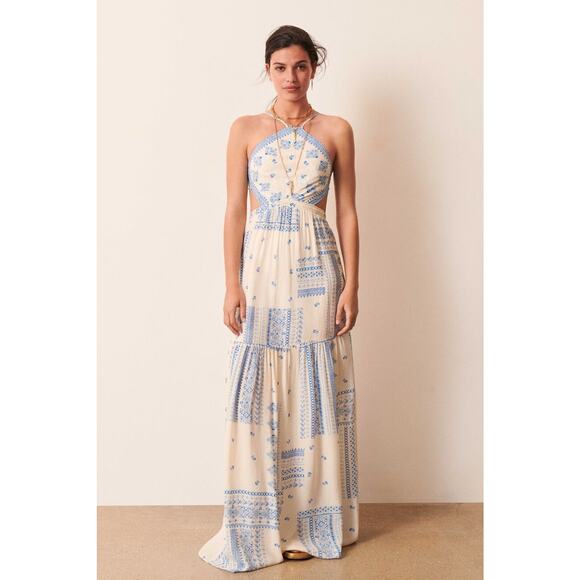 Ba&sh Ilona Dress Off White Open Back Tiered Skirt Printed Cut-out- S